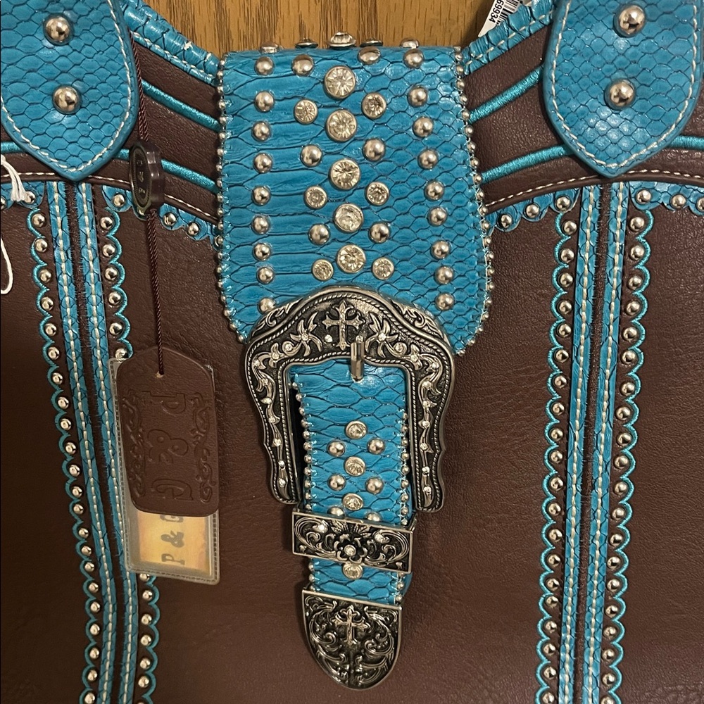 Brown and Blue Studded Women's Handbag - Picture 6 of 12